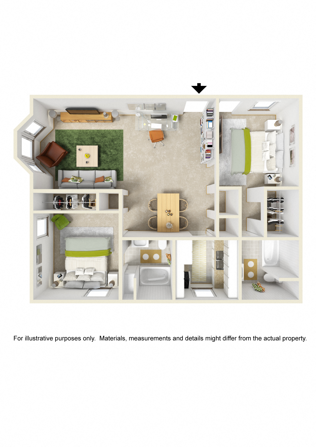 Floor plan for 2 beds, 2 baths, 1100 sqft